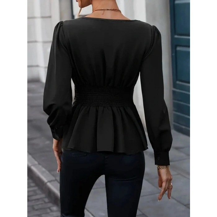 Kadın Uzun Kollu Geometrik Yakalı Belden Oturmalı Ithal Krep Bluz