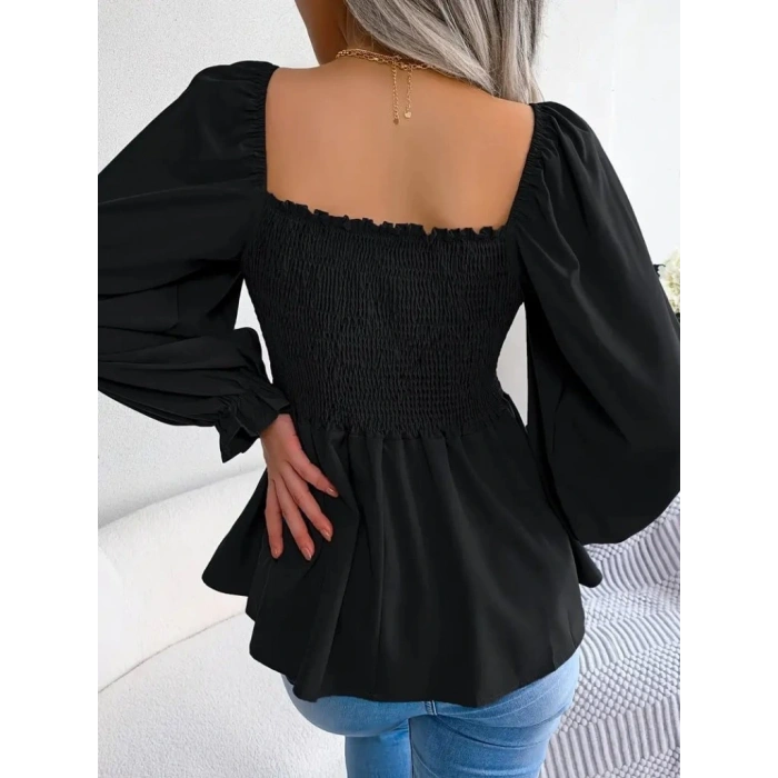 Kadın Uzun Kollu Geometrik Yakalı Gipe Detaylı Krep Bluz