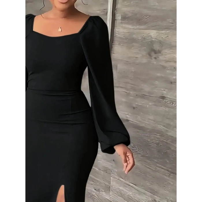 Kadın Uzun Kollu Geometrik Yakalı Yandan Yırtmaçlı Uzun Janjan Krep Elbise