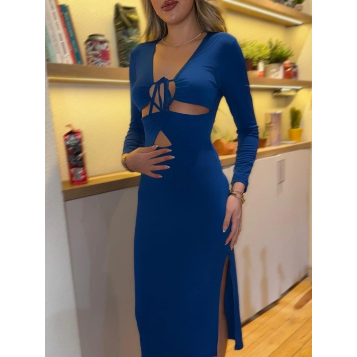 Kadın Uzun Kollu Göğüs Ve Göbek Dekolte Detay Sandy Midi Boy Elbise