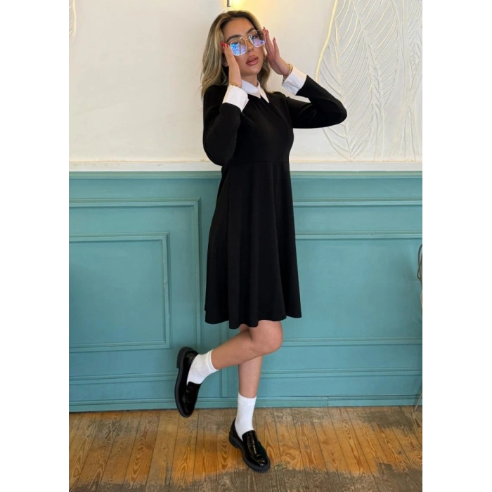 Kadın Uzun Kollu Gömlek Yaka Krep Kumaş Elbise