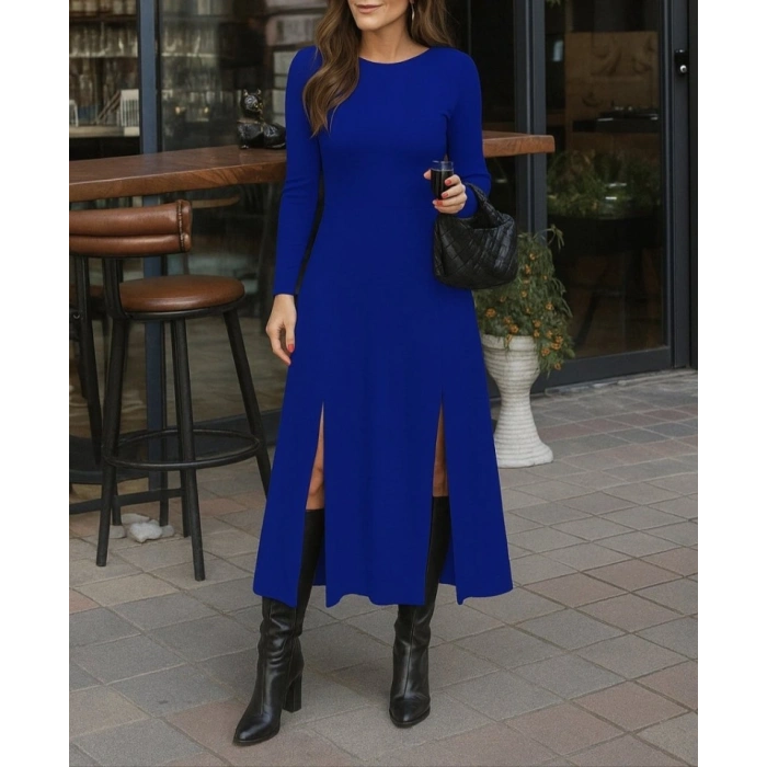 Kadın Uzun Kollu Hafif Kayık Yaka Sırt Dekolteli Yırtmaç Detaylı Viskon Tam Boy Elbise