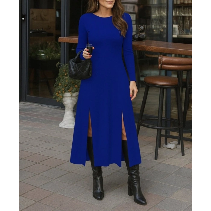 Kadın Uzun Kollu Hafif Kayık Yaka Sırt Dekolteli Yırtmaç Detaylı Viskon Tam Boy Elbise