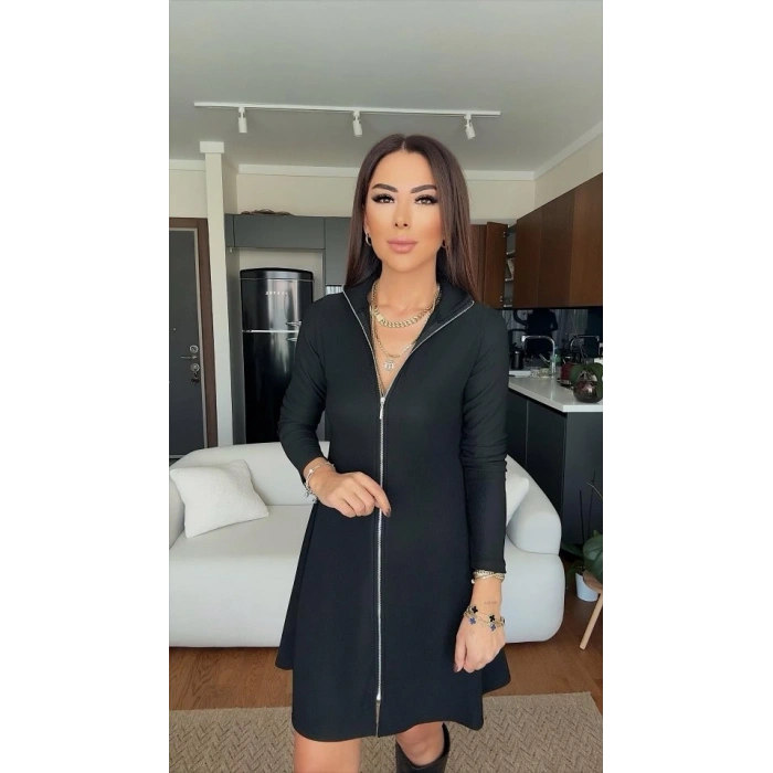 Kadın Uzun Kollu Hakim Yaka Ayarlanabilir Fermuar Dekolteli Mini Elbise