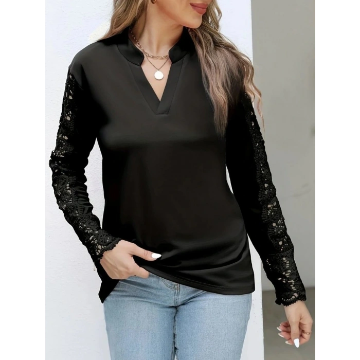 Kadın Uzun Kollu Hakim Yaka Kolları Dantel Detaylı Ithal Krep Bluz