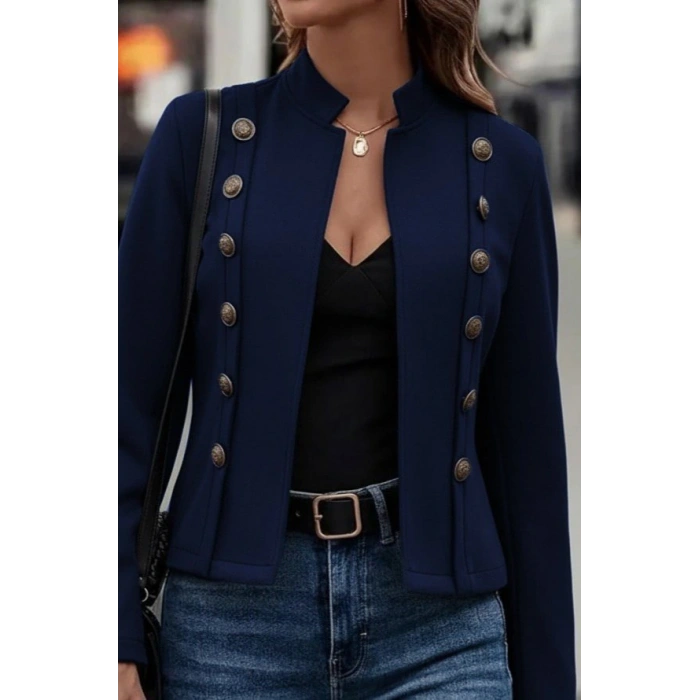 Kadın Uzun Kollu Hakim Yaka Yanlardan Düğmeli Kısa Süet Ceket