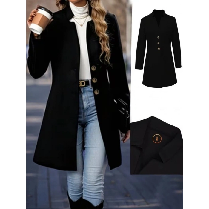 Kadın Uzun Kollu Hakim Yakalı önden Düğmeli Ithal Kaşe Astarsız Kısa Kaban