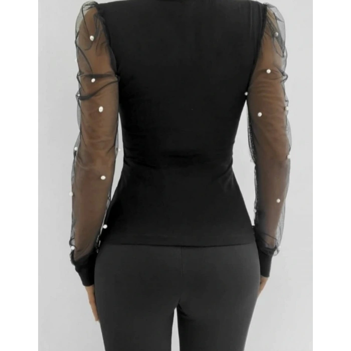 Kadın Uzun Kollu Inci Detaylı Tüllü Viskon Bluz