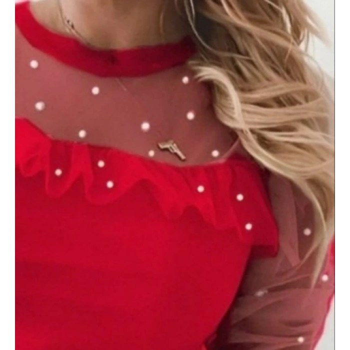 Kadın Uzun Kollu Inci Detaylı Tüllü Viskon Bluz