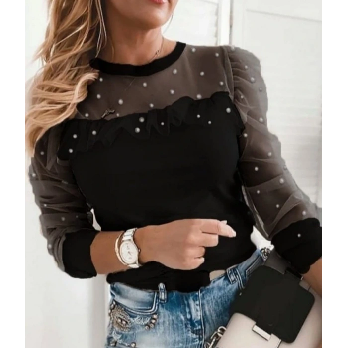 Kadın Uzun Kollu Inci Detaylı Tüllü Viskon Bluz