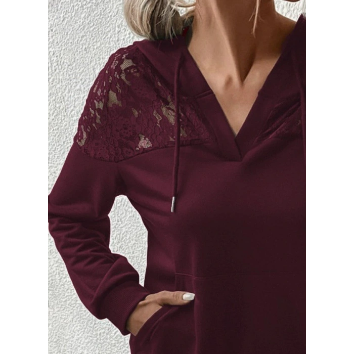 Kadın Uzun Kollu Kapşonlu Bağcıklı Dantelli Viskon Iki Iplik Bluz
