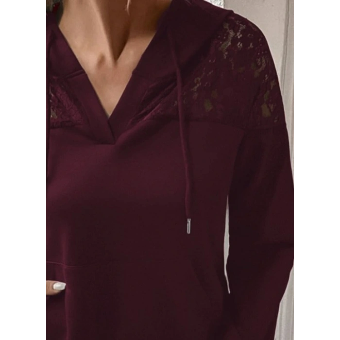 Kadın Uzun Kollu Kapşonlu Bağcıklı Dantelli Viskon Iki Iplik Bluz