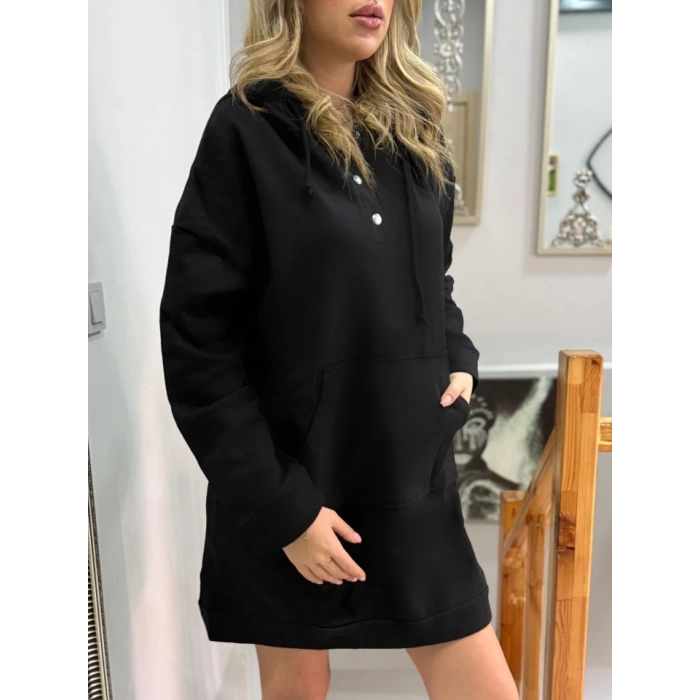 Kadın Uzun Kollu Kapşonlu Bağcıklı önden Düğmeli Ve Cepli Iki Iplik şardonlu Elbise