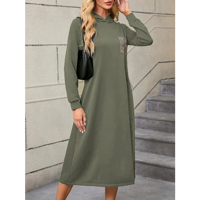 Kadın Uzun Kollu Kapşonlu Cep Detaylı Viskon Iki Iplik Maxi Elbise