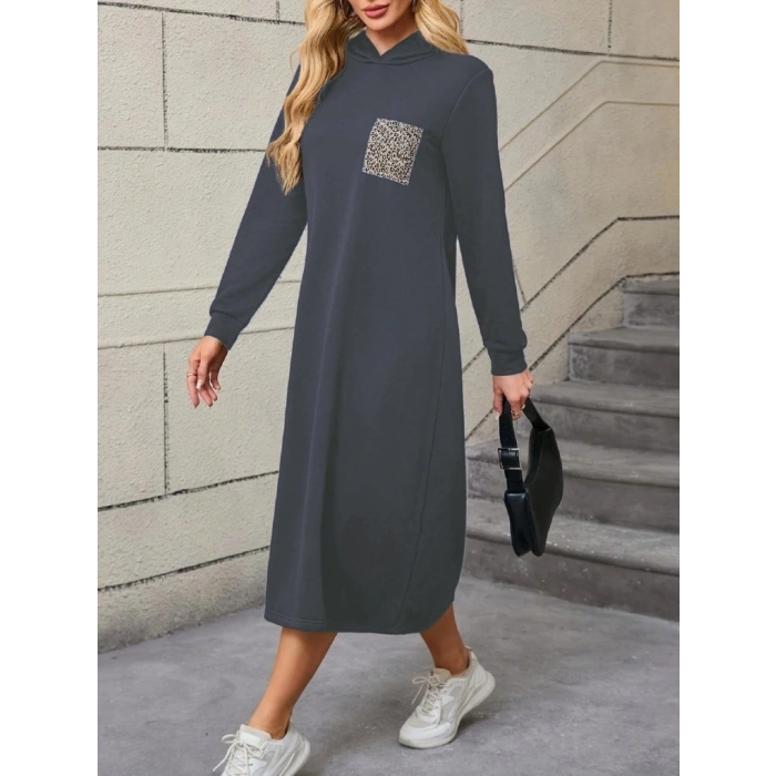 Kadın Uzun Kollu Kapşonlu Cep Detaylı Viskon Iki Iplik Maxi Elbise