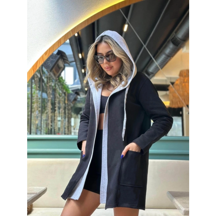 Kadın Uzun Kollu Kapşonlu çift Renkli şardonlu Iki Iplik Ceket