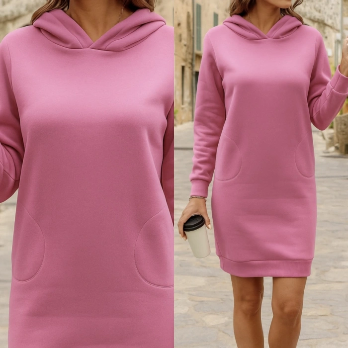 Kadın Uzun Kollu Kapşonlu Kısa Iki Iplik Elbise