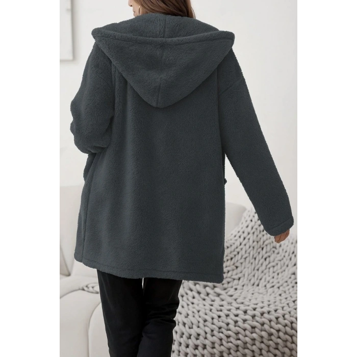 Kadın Uzun Kollu Kapşonlu önden Fermuarlı Cepli Welsoft Ceket