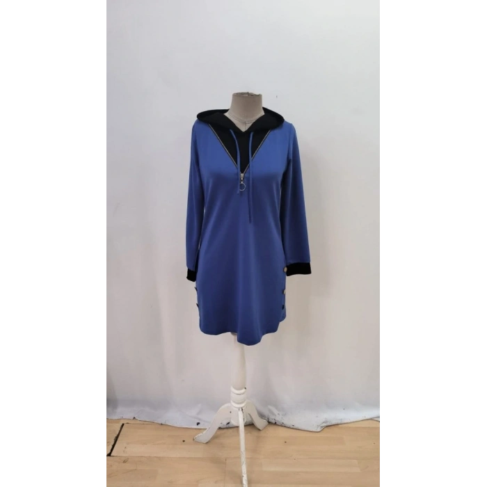 Kadın Uzun Kollu Kapşonlu önden Fermuarlı Düğmeli Mini Iki Iplik Elbise