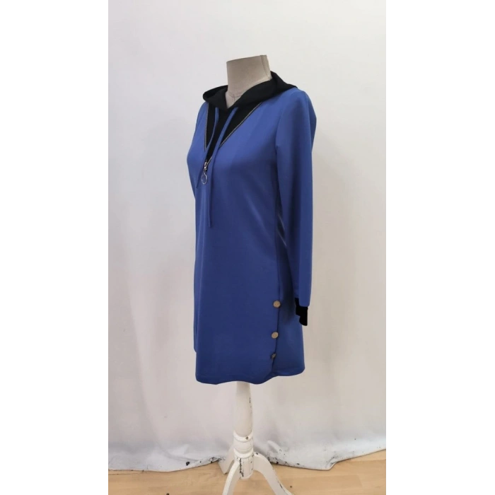 Kadın Uzun Kollu Kapşonlu önden Fermuarlı Düğmeli Mini Iki Iplik Elbise