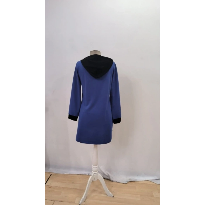 Kadın Uzun Kollu Kapşonlu önden Fermuarlı Düğmeli Mini Iki Iplik Elbise