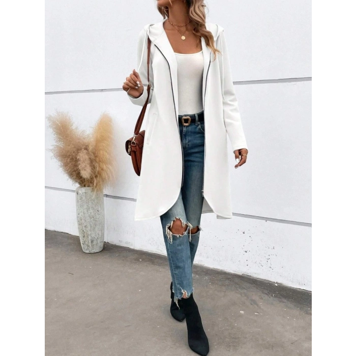 Kadın Uzun Kollu Kapşonlu önden Fermuarlı Midi Dalgıç Ceket