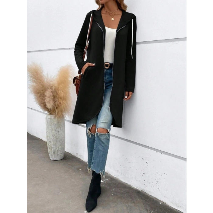 Kadın Uzun Kollu Kapşonlu önden Fermuarlı Midi Dalgıç Ceket