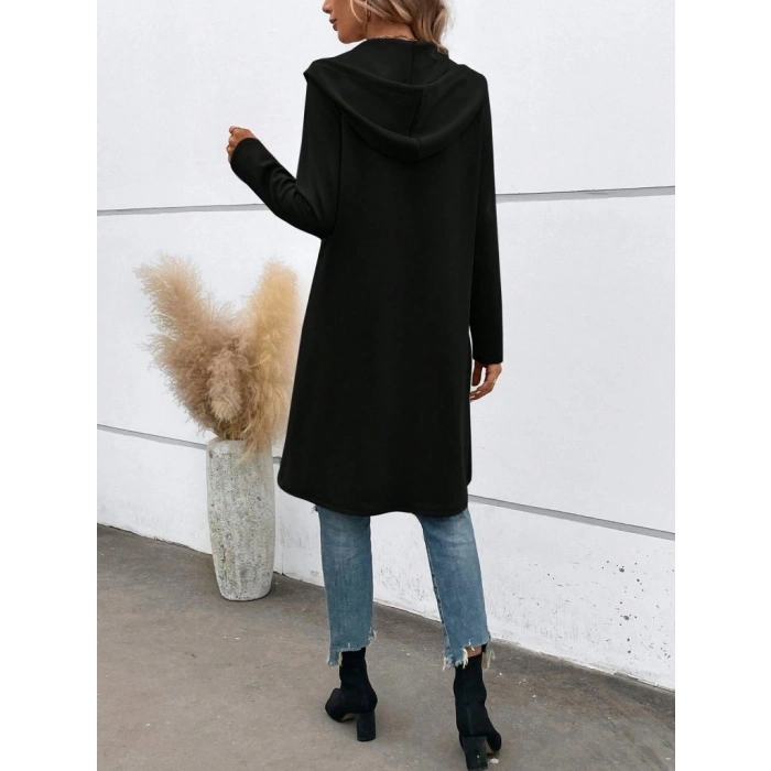 Kadın Uzun Kollu Kapşonlu önden Fermuarlı Midi Dalgıç Ceket