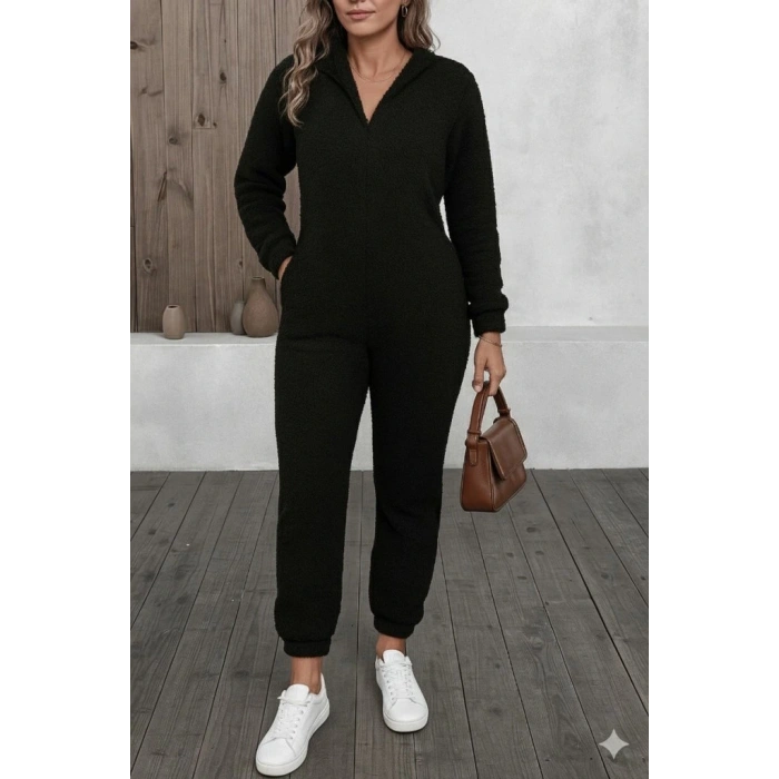 Kadın Uzun Kollu Kapüşonlu Tavşan Kulak Detaylı Peluş Tulum