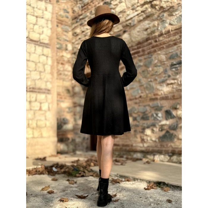 Kadın Uzun Kollu Kare Yaka Düğmeli Kısa şardonlu Iki Iplik Mini Elbise