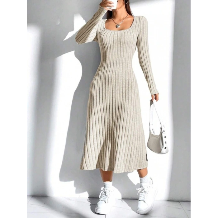 Kadın Uzun Kollu Kare Yaka Midi Kaşkorse Elbise