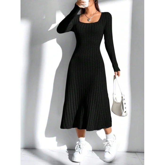 Kadın Uzun Kollu Kare Yaka Midi Kaşkorse Elbise