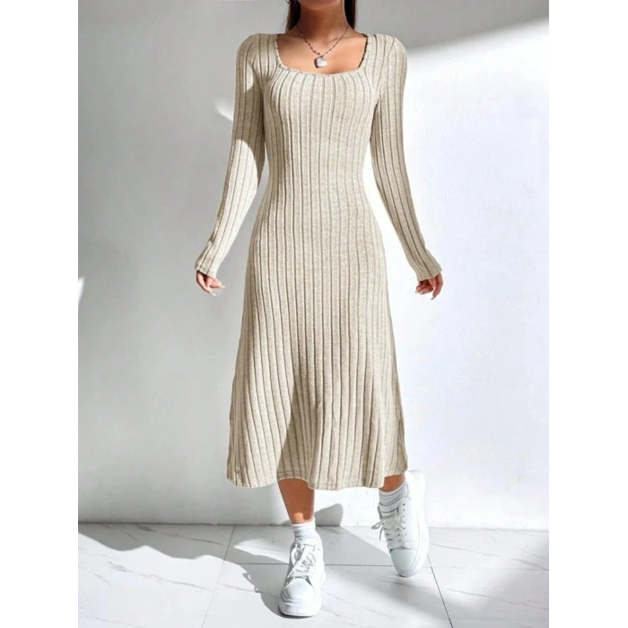 Kadın Uzun Kollu Kare Yaka Midi Kaşkorse Elbise