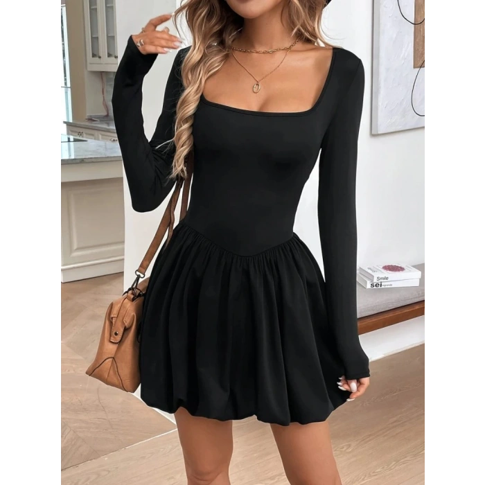 Kadın Uzun Kollu Kare Yaka Mini Balon Modal Elbise