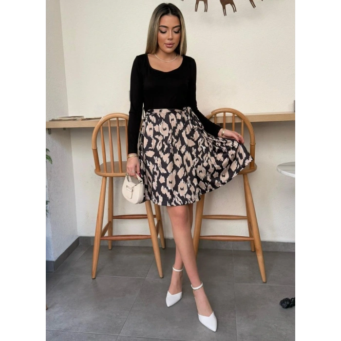 Kadın Uzun Kollu Kare Yaka Viskon Bluz Alt Süprem Baskılı Belden Kuşaklı Kısa Elbise