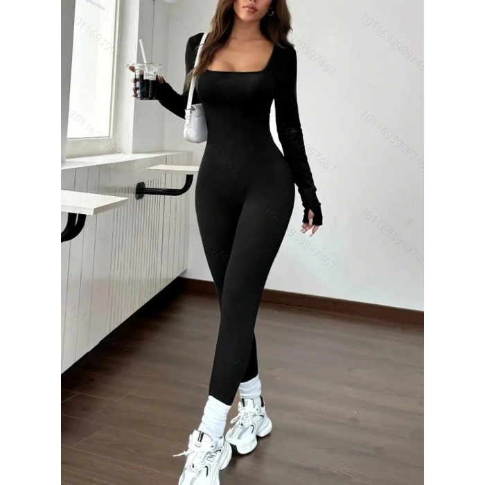 Kadın Uzun Kollu Kare Yakalı Fermuarlı Parmaktan Geçmeli Dalgıç Tulum