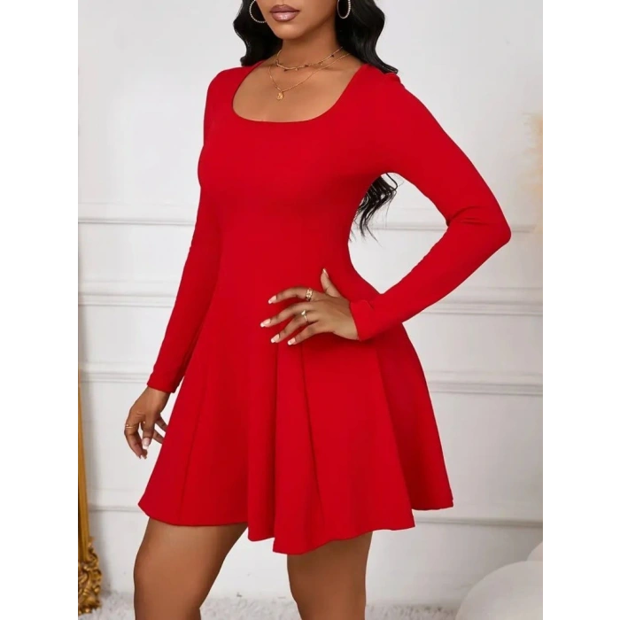 Kadın Uzun Kollu Kare Yakalı Mini Ithal Krep Elbise