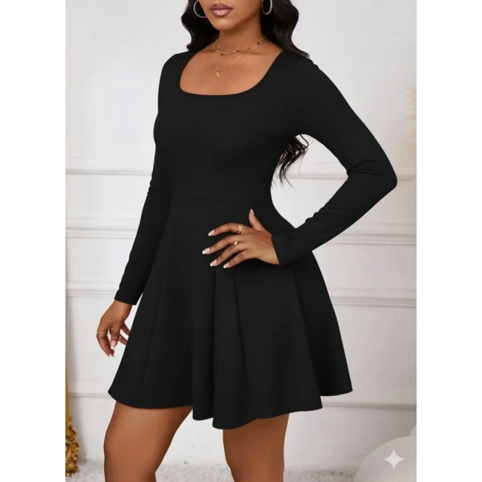 Kadın Uzun Kollu Kare Yakalı Mini Ithal Krep Elbise