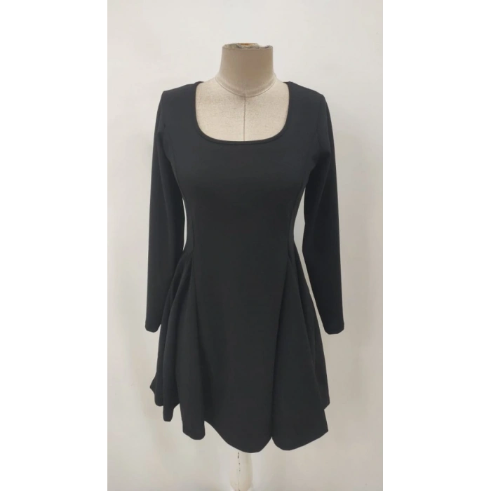 Kadın Uzun Kollu Kare Yakalı Mini Ithal Krep Elbise