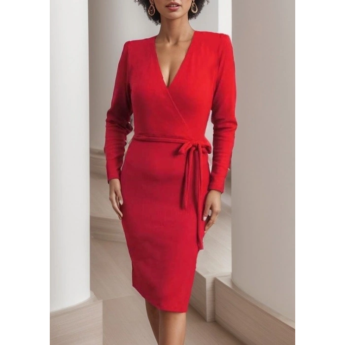 Kadın Uzun Kollu Kruvaze Yaka Bağcık Detay Akrilik Mini Boy Elbise