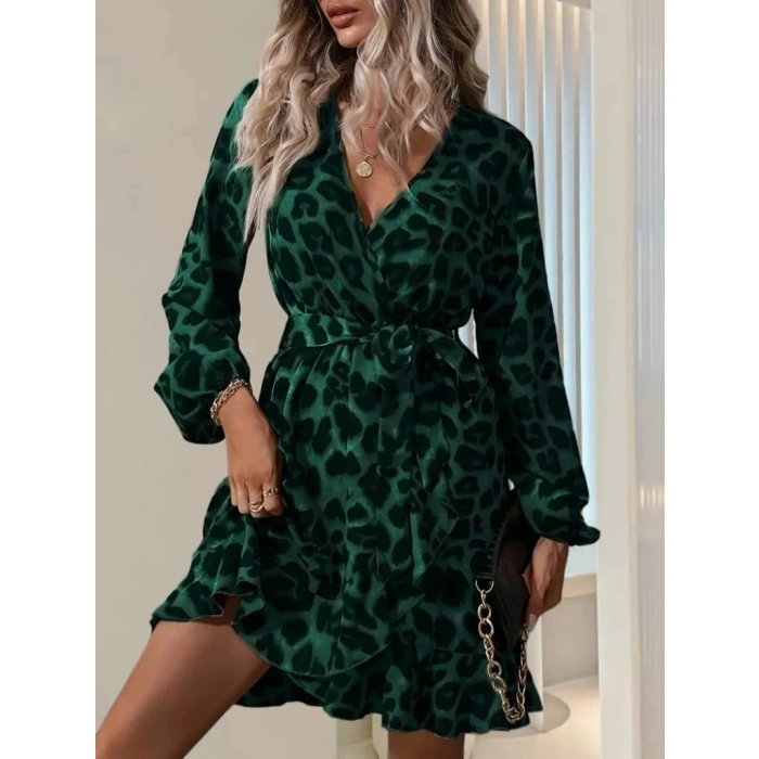 Kadın Uzun Kollu Kruvaze Yaka Beden Kuşaklı çapraz Kesim Detaylı Leopar Modal Mini Elbise