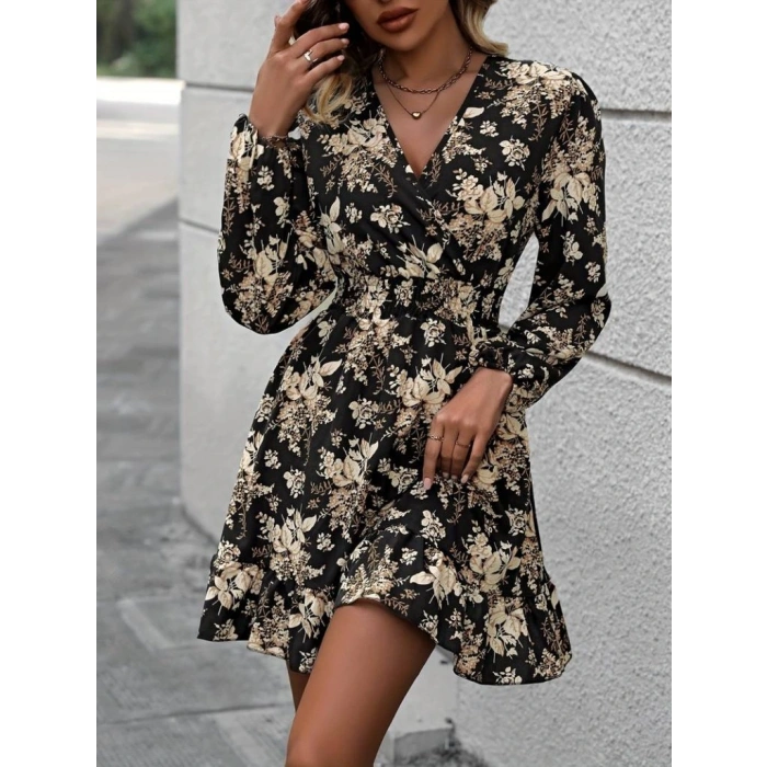 Kadın Uzun Kollu Kruvaze Yaka Beli Gipeli çiçek Desenli Kısa Dalgıç Elbise