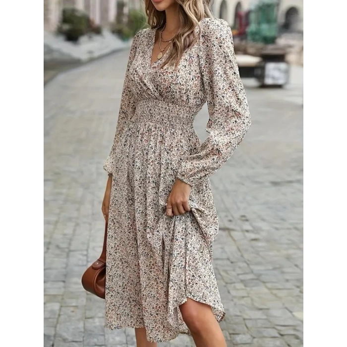 Kadın Uzun Kollu Kruvaze Yaka Beli Lastikli Kiloş Desenli Midi Süprem Elbise