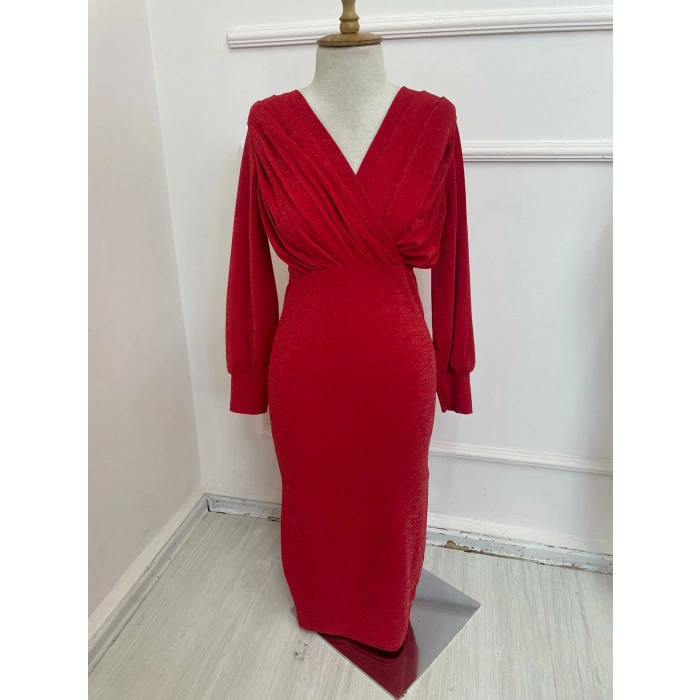 Kadın Uzun Kollu Kruvaze Yaka Büzgü Ve Balon Kol Detay imli Krep Kumaş axi Boy Elbise