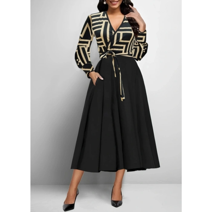 Kadın Uzun Kollu Kruvaze Yaka Dalgıç Krep Midi Boy Elbise