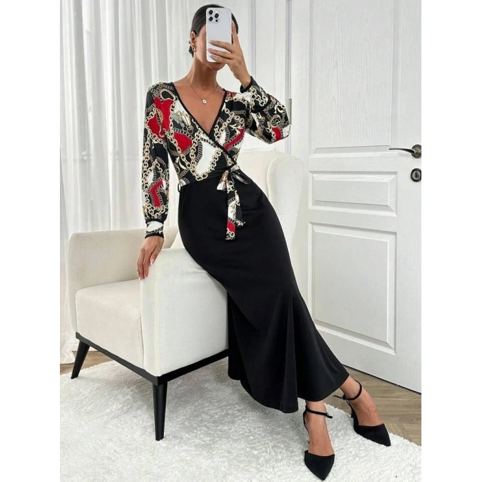 Kadın Uzun Kollu Kruvaze Yaka Dalgıç Krep Midi Boy Elbise