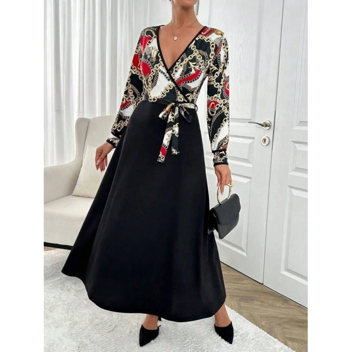 Kadın Uzun Kollu Kruvaze Yaka Dalgıç Krep Midi Boy Elbise