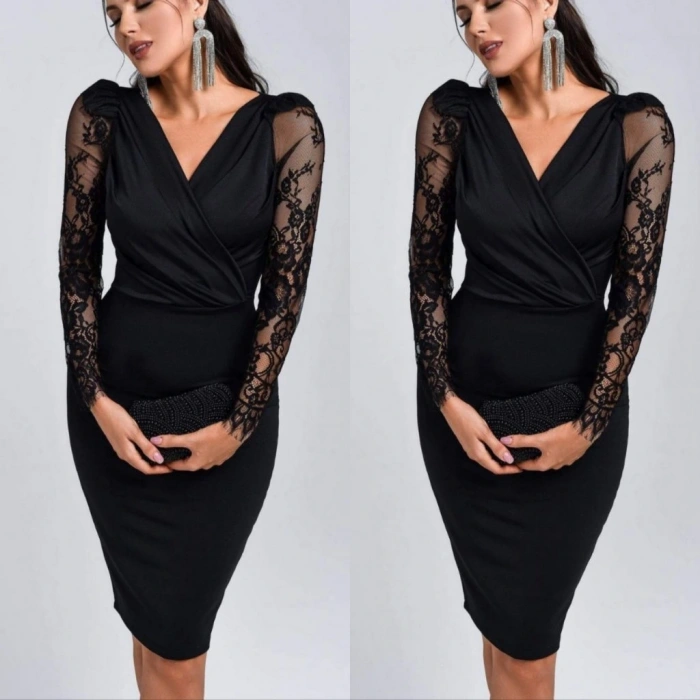 Kadın Uzun Kollu Kruvaze Yaka Kollar Tül Detay Krep Mini Boy Elbise