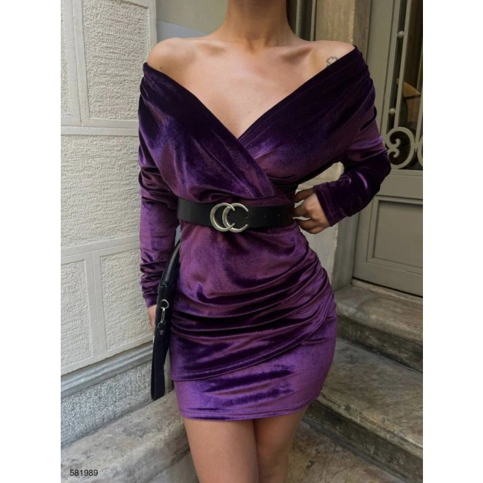 Kadın Uzun Kollu Kruvaze Yaka Omuz Dekolteli Kemer Dahil ini Kadife Elbise