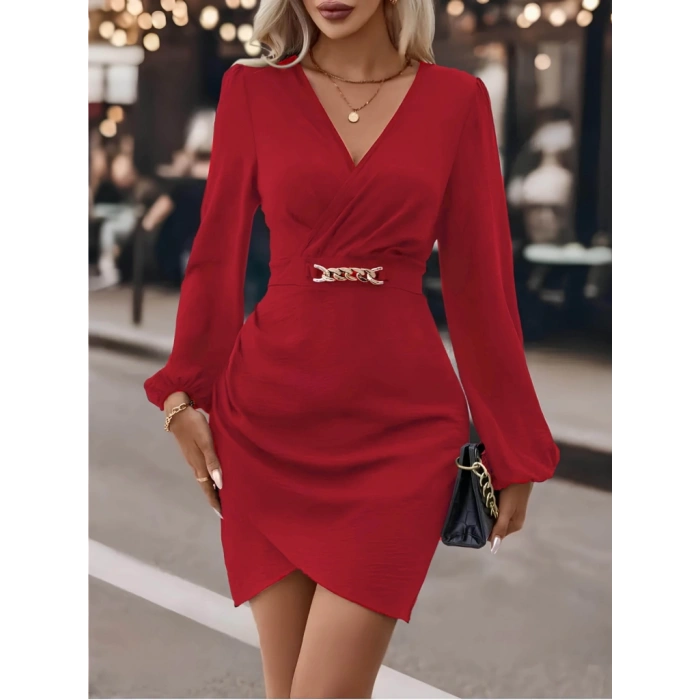 Kadın Uzun Kollu Kruvaze Yaka önden Asimetrik Detay Kısa Krep Elbise